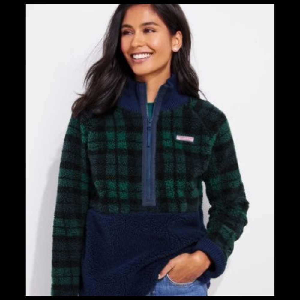 New Vineyard Vines Blackwatch Sherpa Half Zip Pullover